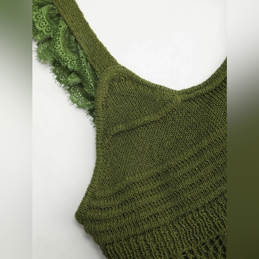 Cider Knit Lace Trim U-Neckline Midi in Matcha Green - Picture 3 of 11